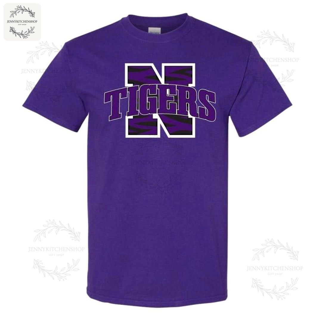 Purple Varsity Tiger Spirit Tee - Retro College Letter Fan Shirt