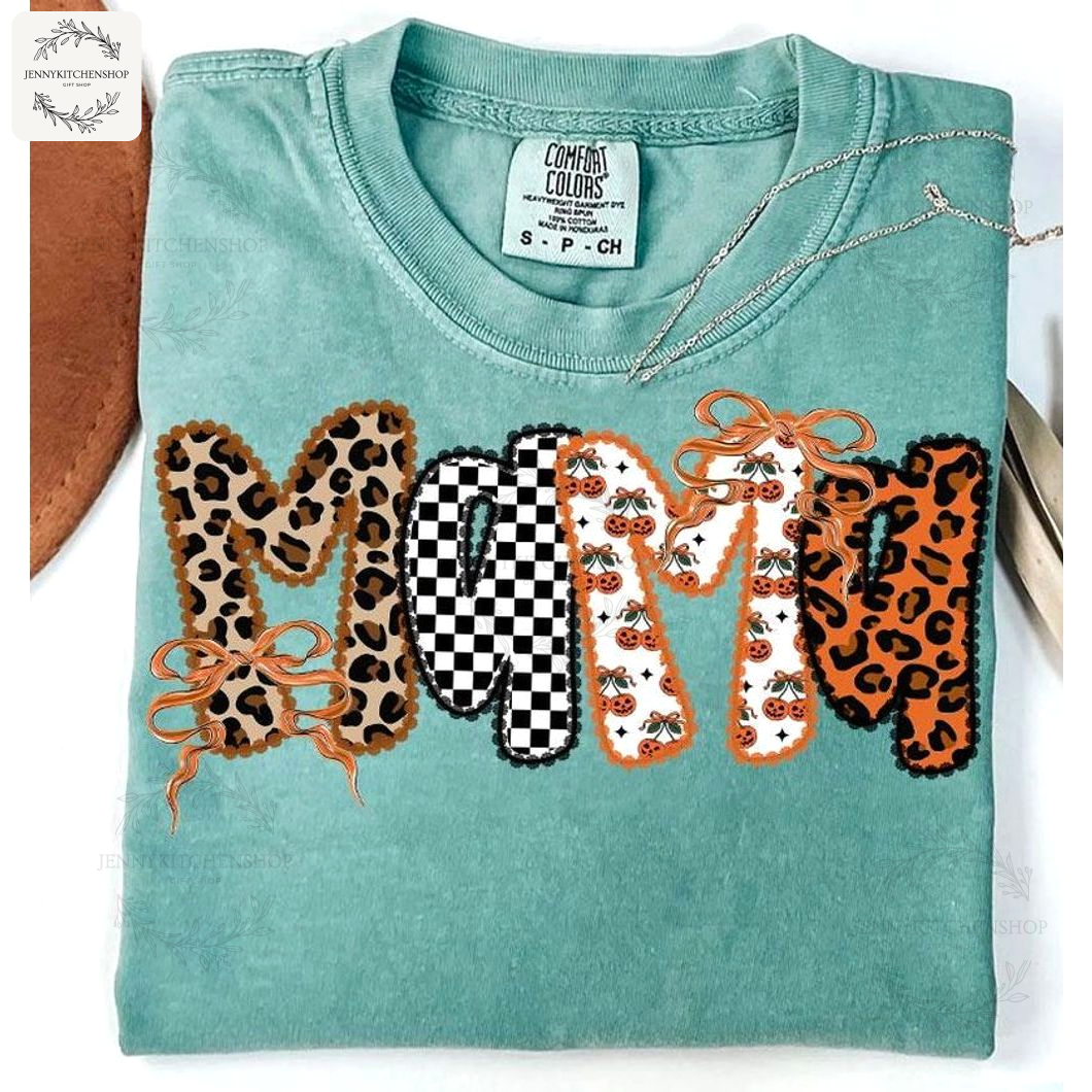 Retro Mama Pumpkin Patchwork Tee - Leopard, Checkered & Autumn Vibes Shirt