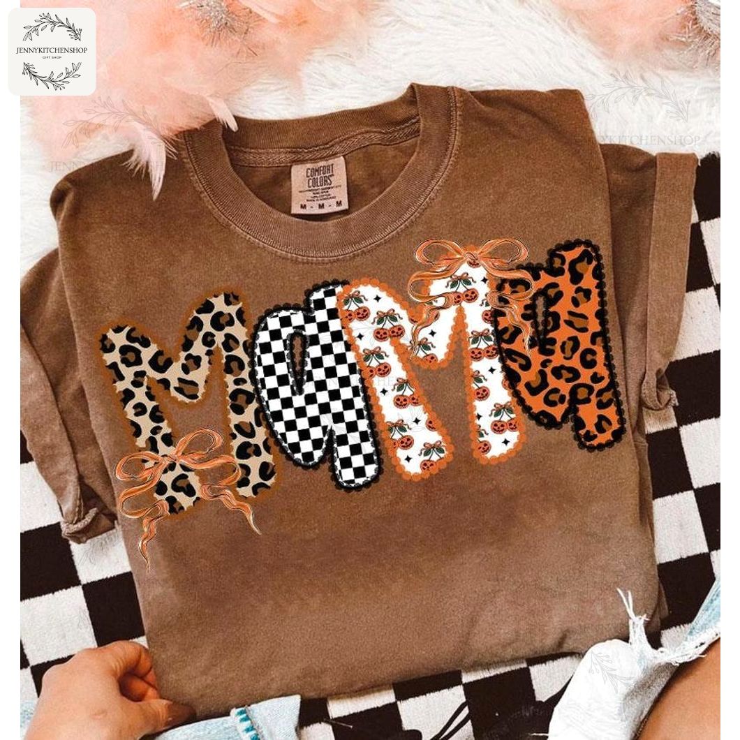 Retro Mama Pumpkin Patchwork Tee - Leopard, Checkered & Autumn Vibes Shirt