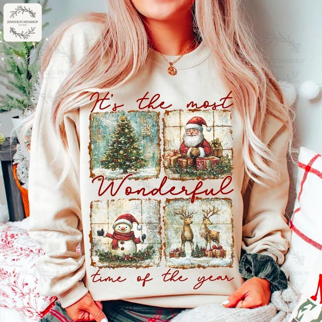 Vintage Holiday Cheer Sweatshirt - Santa, Snowman & Rustic Christmas Scene Pullover