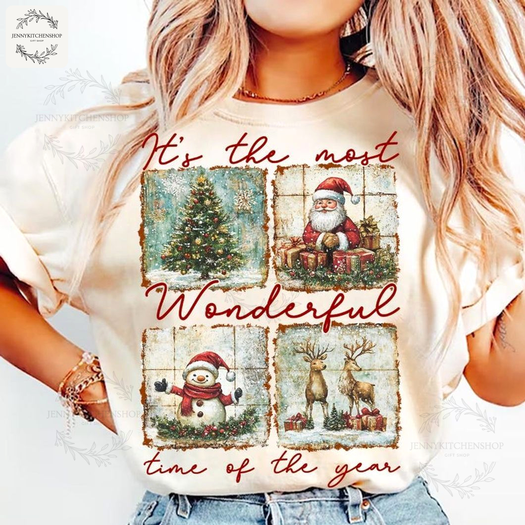Vintage Holiday Cheer Sweatshirt - Santa, Snowman & Rustic Christmas Scene Pullover