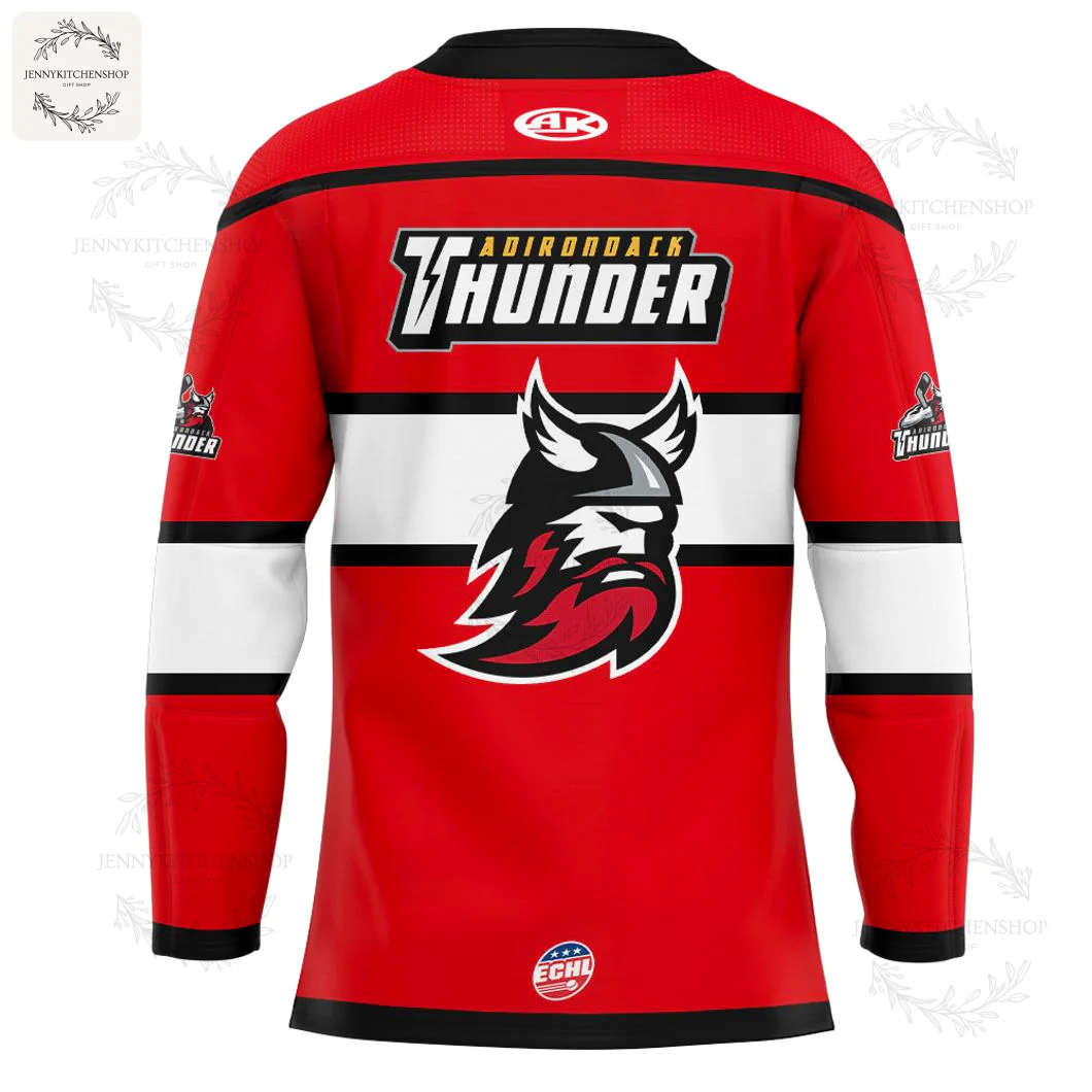 Back view of the Adirondack Thunder's red third jersey for 2025, with the team name and viking logo on the back.