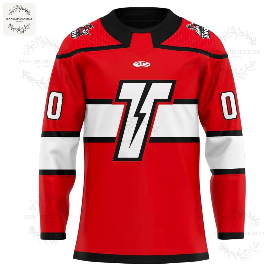 Front view of the Adirondack Thunder's red third jersey for 2025, featuring the white T-bolt logo on the chest.