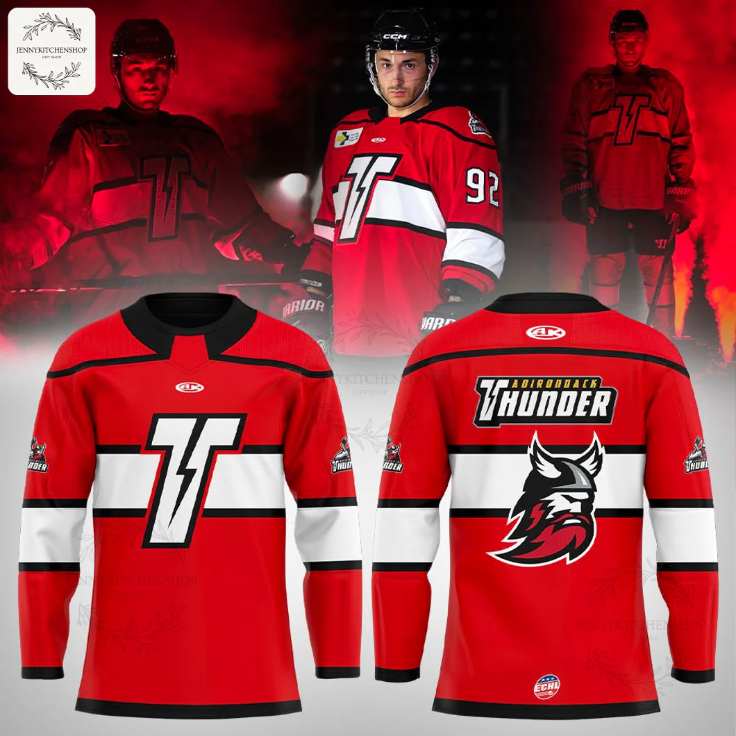 Promotional image of the Adirondack Thunder 2025 third red hockey jersey, showing front, back, and players wearing it.