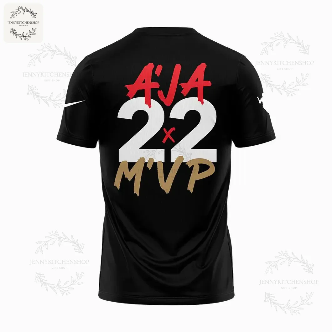 Back view of a black MVP T-shirt with bold numerals and A'ja Wilson branding