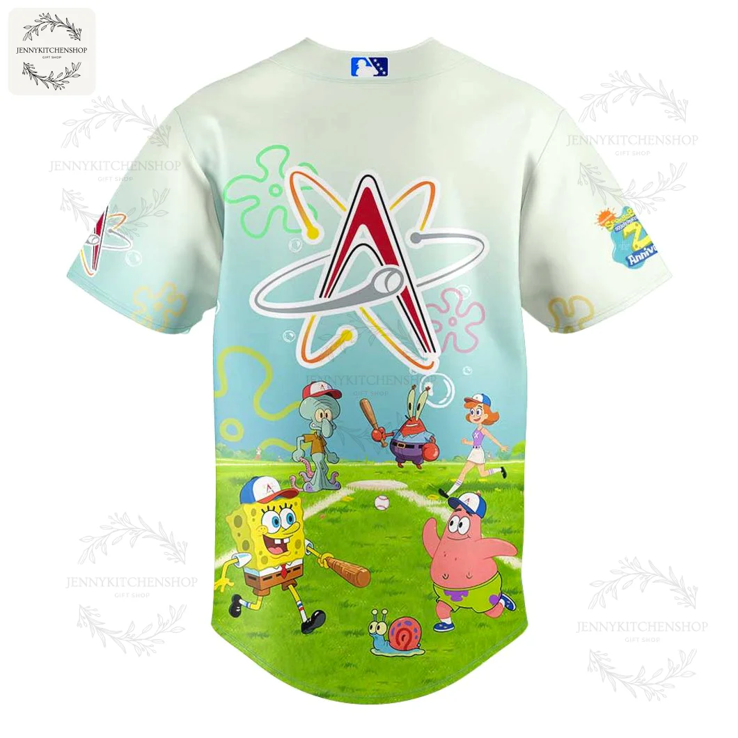 Back of the Albuquerque Isotopes SpongeBob jersey with the team logo and characters like Patrick Star and Sandy Cheeks playing.