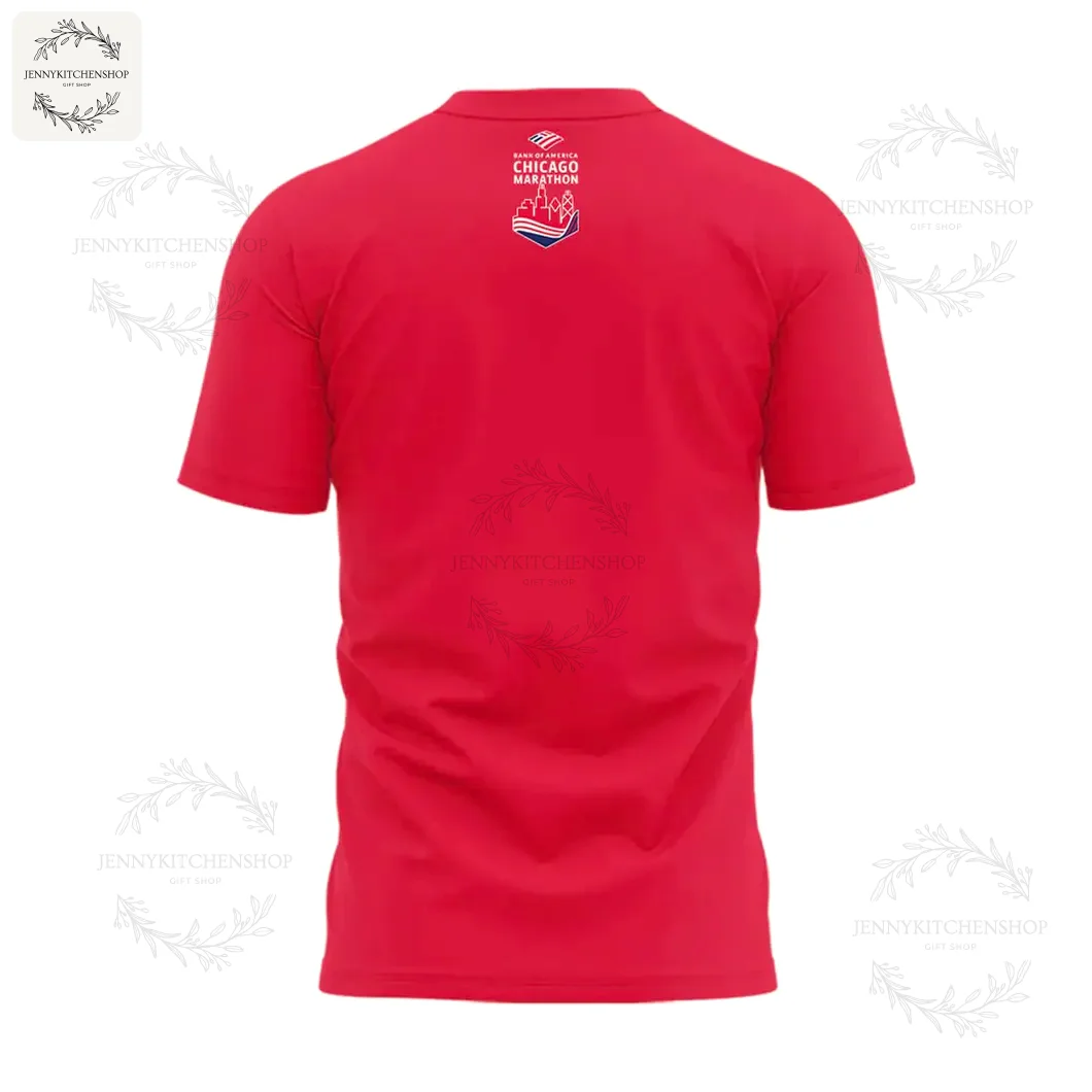 Back view of the red 2025 Bank of America Chicago Marathon t-shirt, showing the small event logo on the upper back.