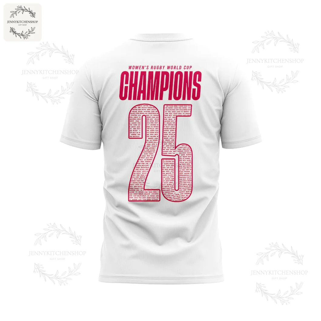 Back of a white 3D T-shirt showing the pink "CHAMPIONS" text and the number 25