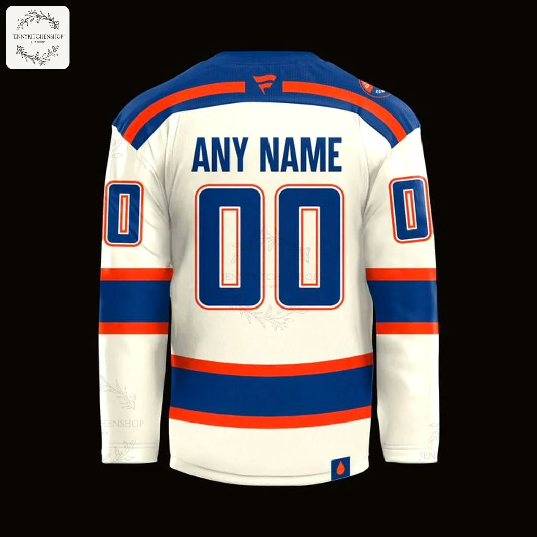 The back of the Edmonton Oilers 2025 custom hockey jersey, displaying 'ANY NAME' and the number '00' for personalization.