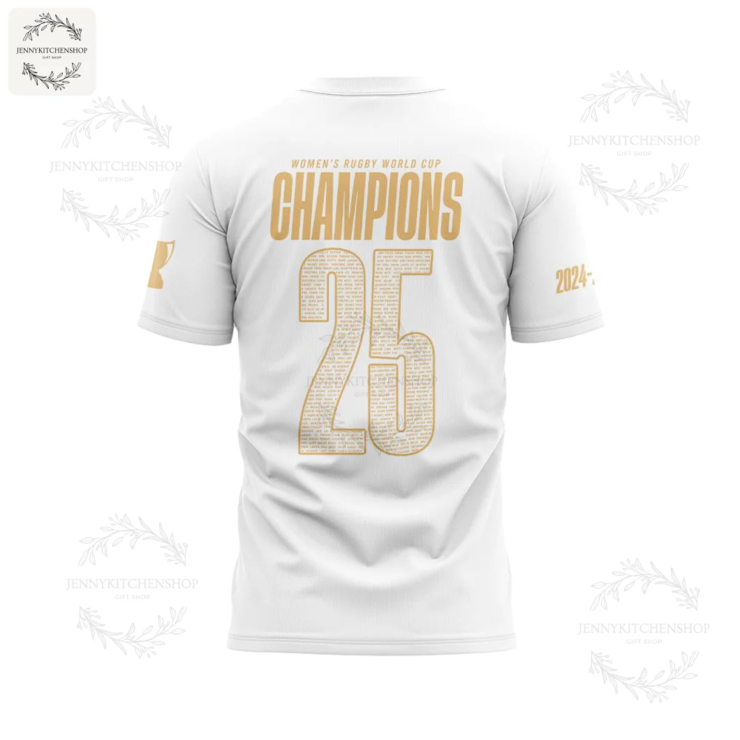 Back of the white England 2025 Women's Rugby World Cup Champions T-shirt with "Champions 25" printed in gold.