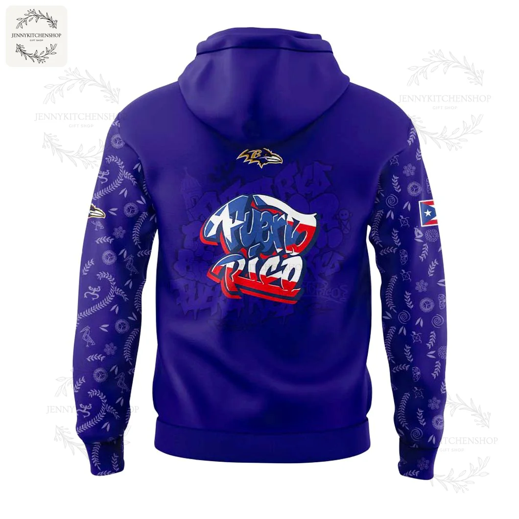 The back of the purple Baltimore Ravens hoodie, featuring a large graffiti-style "Puerto Rico" graphic with flag colors.