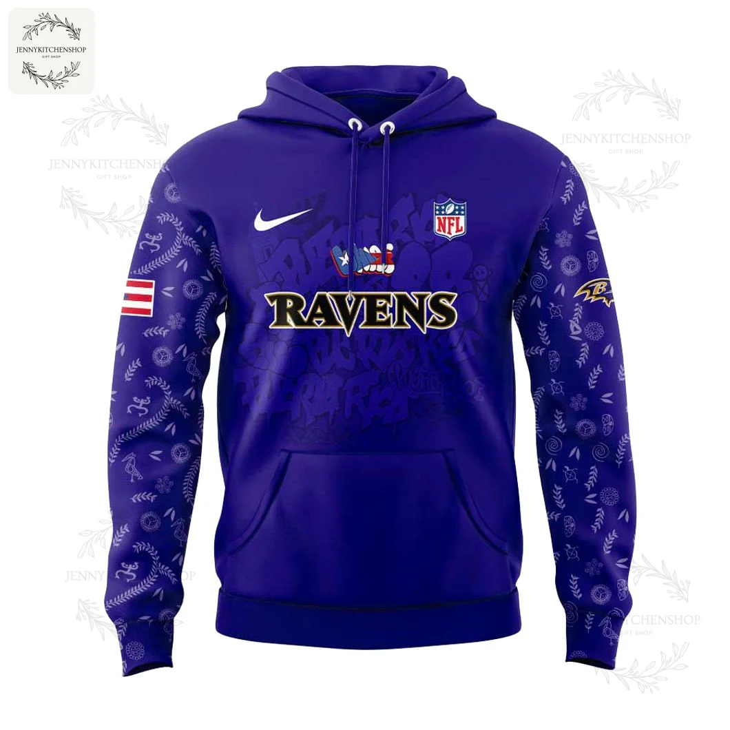 A front-on view of the purple Baltimore Ravens hoodie, showing the Ravens text and a logo infused with the Puerto Rican flag.