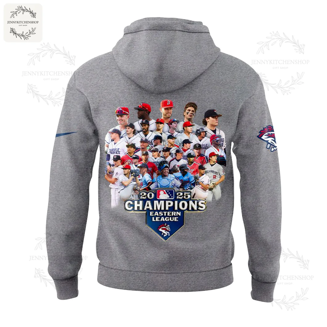 Back of the grey Binghamton Rumble Ponies 2025 champions hoodie featuring a collage of player photos and the league logo.