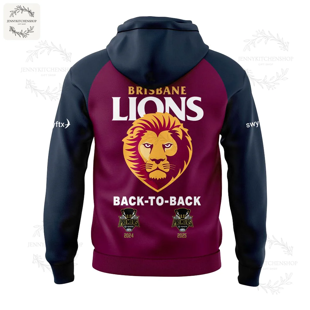 Back view of the Brisbane Lions hoodie featuring a large lion logo and 'Back-To-Back' 2024-2025 Premiers patches.