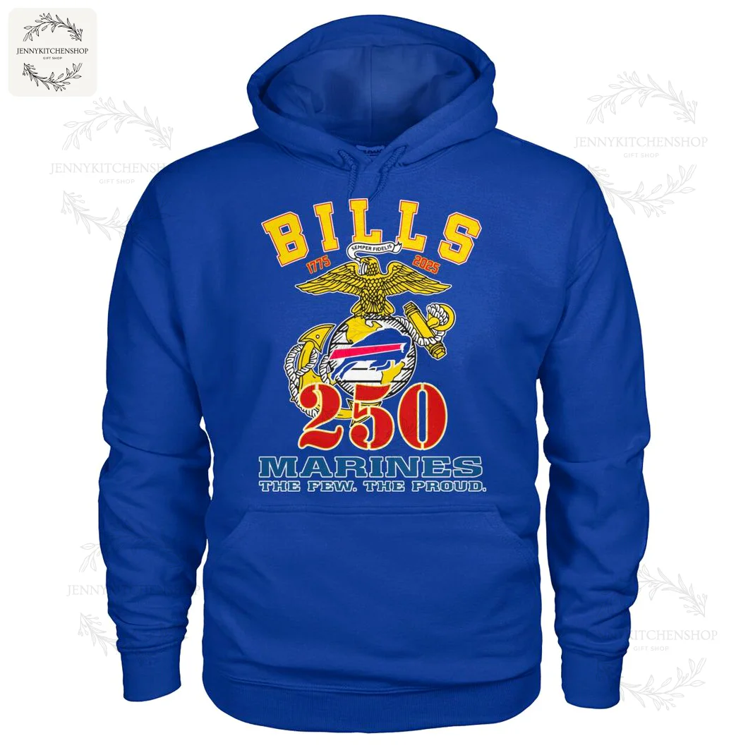 Front view of a royal blue pullover hoodie with the Buffalo Bills and US Marines 250th anniversary tribute design.