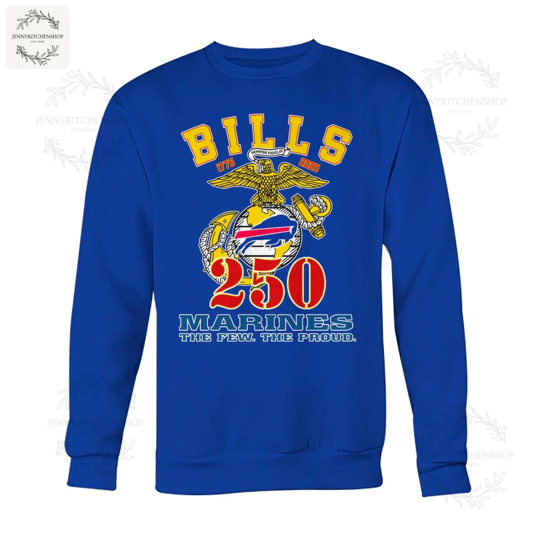 Front view of a royal blue crewneck sweatshirt featuring the Buffalo Bills and US Marines 250th anniversary design.