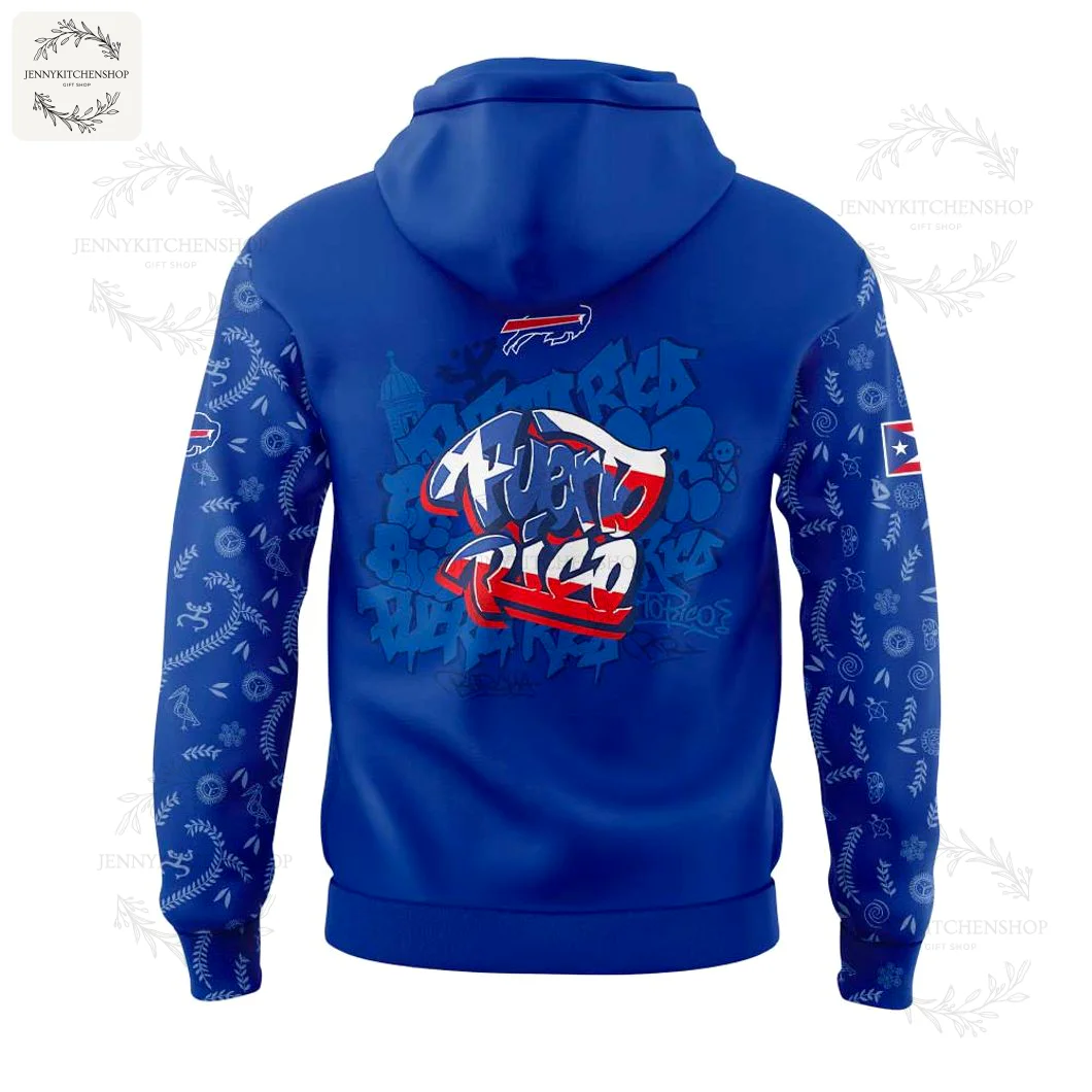 Back of the royal blue Buffalo Bills hoodie with a large graffiti graphic of "Puerto Rico" filled with the Puerto Rican flag colors.