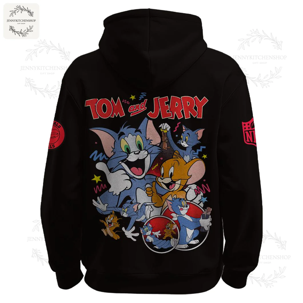 Back of the black Buffalo Bills hoodie featuring a large, colorful graphic of Tom and Jerry characters and their classic logo.
