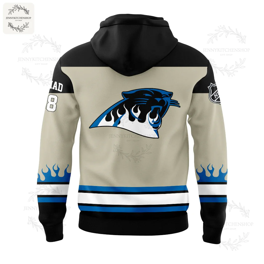 Back of the Carolina Panthers New Jersey Devils hoodie, displaying the Panthers logo with blue flame details and customizable name area.