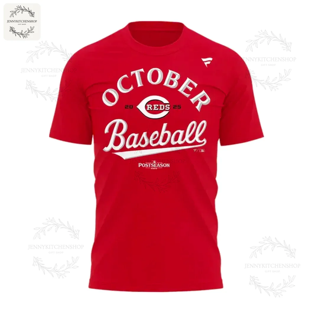 A red Cincinnati Reds 2025 Postseason t-shirt with 'October Baseball' and the Reds logo printed in white on the chest.