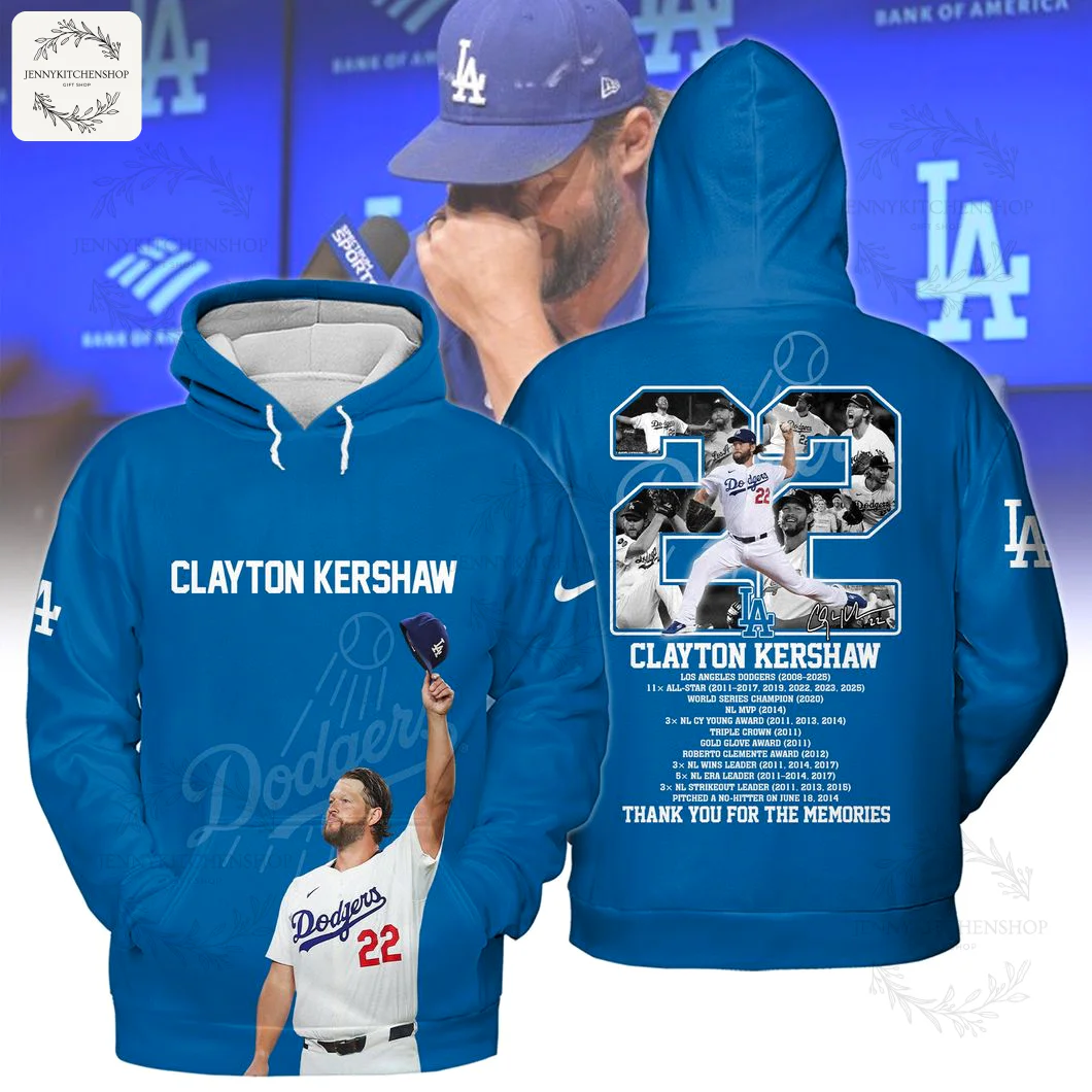 A blue 3D hoodie tribute to LA Dodgers pitcher Clayton Kershaw, featuring his picture, number 22, and career highlights.