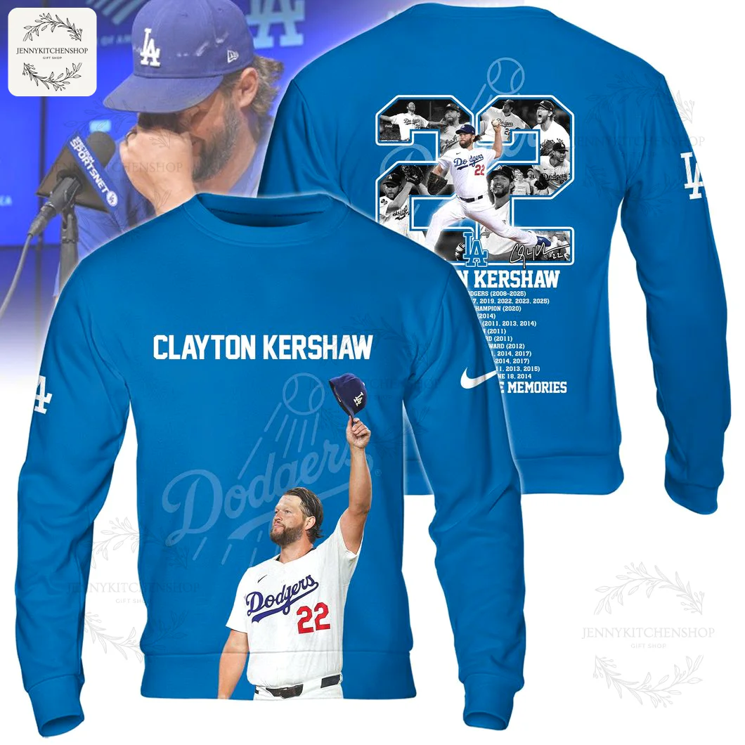 A blue 3D sweatshirt celebrating Clayton Kershaw's LA Dodgers career, with his image on the front and achievements on the back.