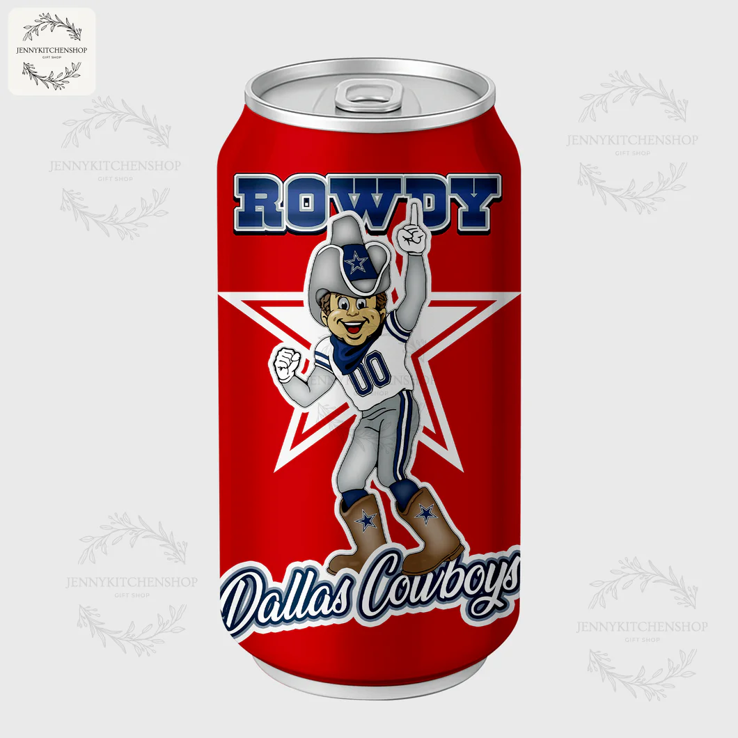 The custom side of the Dallas Cowboys Coca-Cola tumbler, featuring the team mascot Rowdy, a star, and the team name.