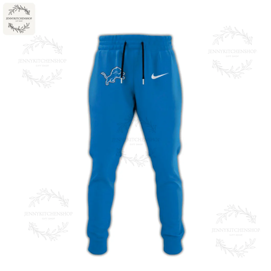 A pair of blue Detroit Lions jogger pants with the team logo and a Nike swoosh on the thigh, part of the combo set.