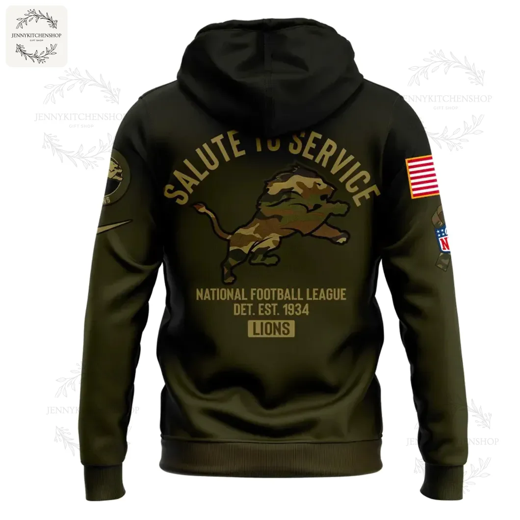 Back of the Detroit Lions Salute to Service hoodie featuring the 'Salute to Service' text and camo lion logo over NFL details.