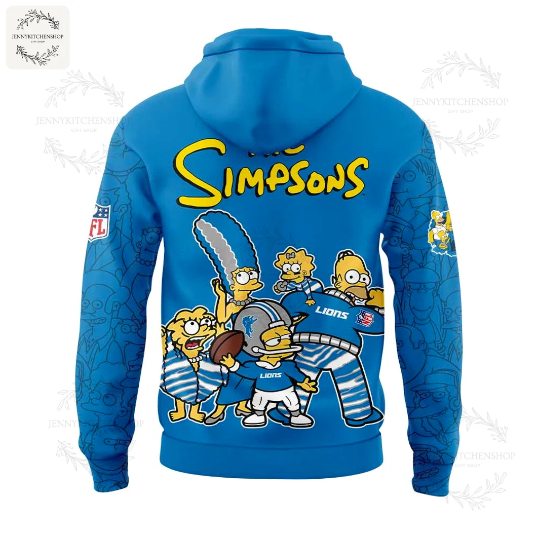 Back of the blue Detroit Lions x Simpsons hoodie showing the entire Simpsons family dressed in Lions football uniforms.
