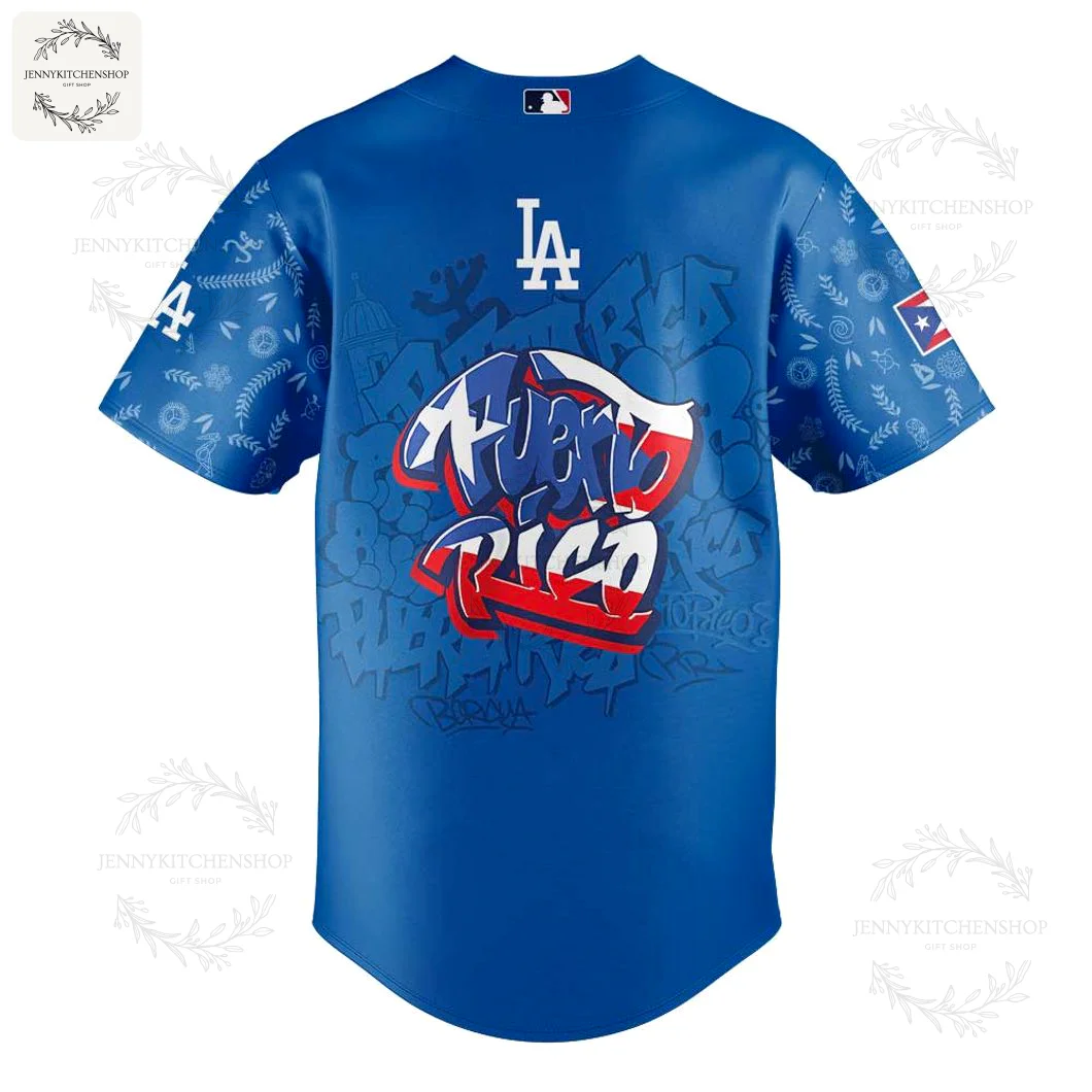 Back of the blue Los Angeles Dodgers Puerto Rican Heritage jersey featuring a large, stylized "Puerto Rico" graffiti graphic.