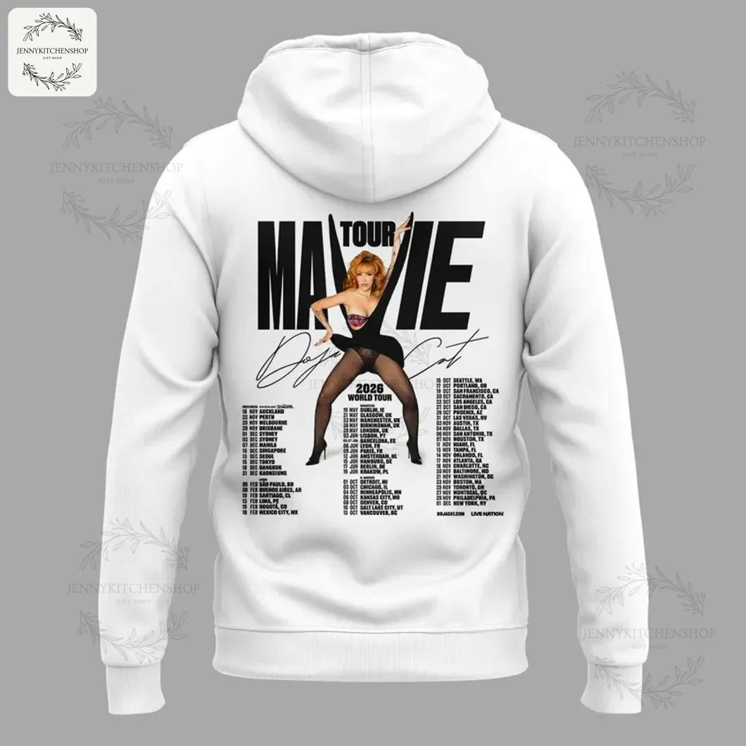 Back view of a white hoodie featuring the 'TOUR MA VIE' graphic with Doja Cat and a list of the 2026 world tour dates.