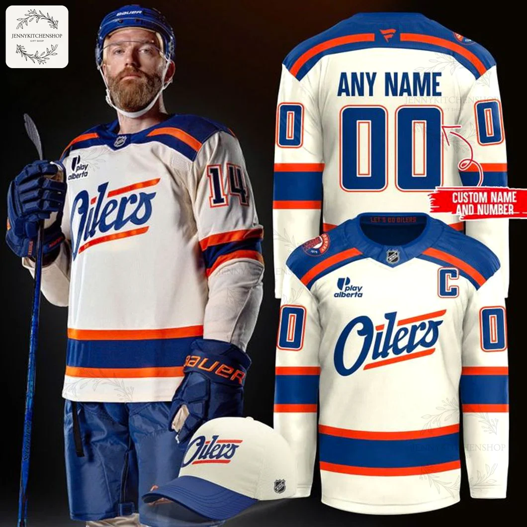 A player wearing the full Edmonton Oilers 2025 custom hockey jersey kit, with separate views of the jersey front, back, and cap.