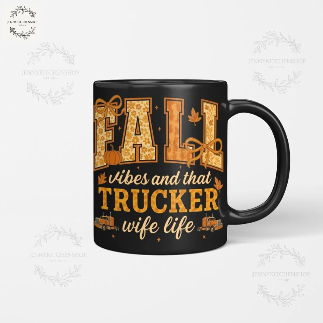 A navy blue long-sleeve t-shirt with "Fall vibes and that trucker wife life" graphic, perfect for a trucker's wife.
