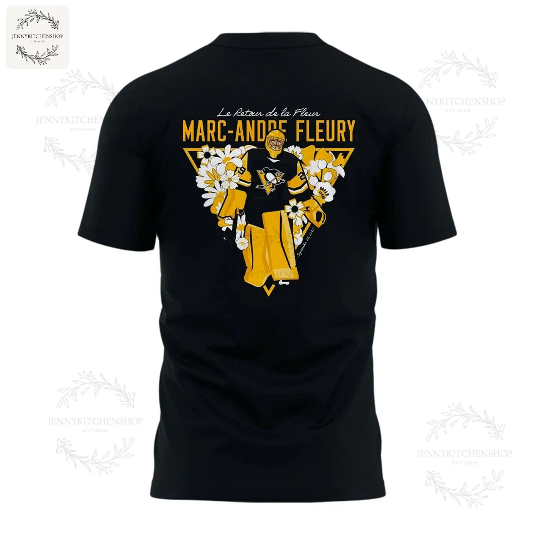 A black t-shirt featuring a graphic of Marc-Andre Fleury in Penguins gear, surrounded by flowers inside a yellow triangle.