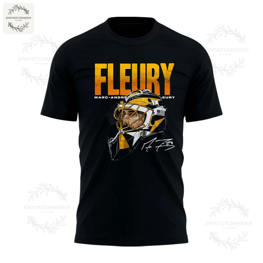 Front view of a black t-shirt with large yellow "FLEURY" text above a detailed portrait of a goalie mask and an illustrated signature accent.