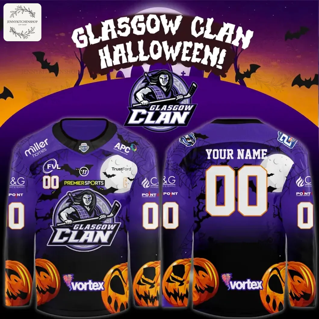 Front and back view of the Glasgow Clan Halloween custom hockey jersey, featuring a purple design with pumpkins and bats.