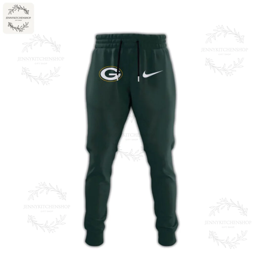 A pair of dark green jogger sweatpants featuring the classic Green Bay Packers G logo on the upper left thigh.