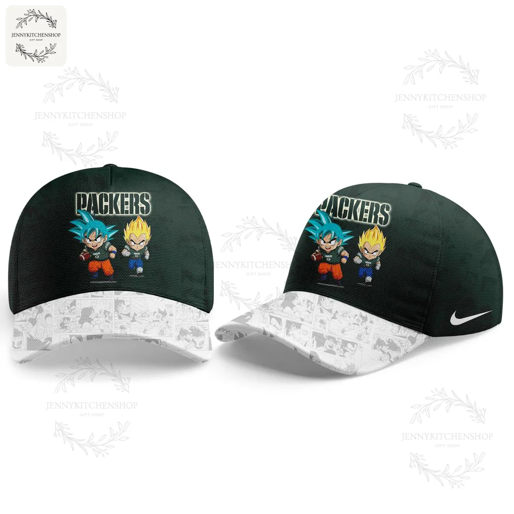 A matching Green Bay Packers x Dragon Ball cap featuring Goku and Vegeta under the Packers logo, with a manga-style brim.