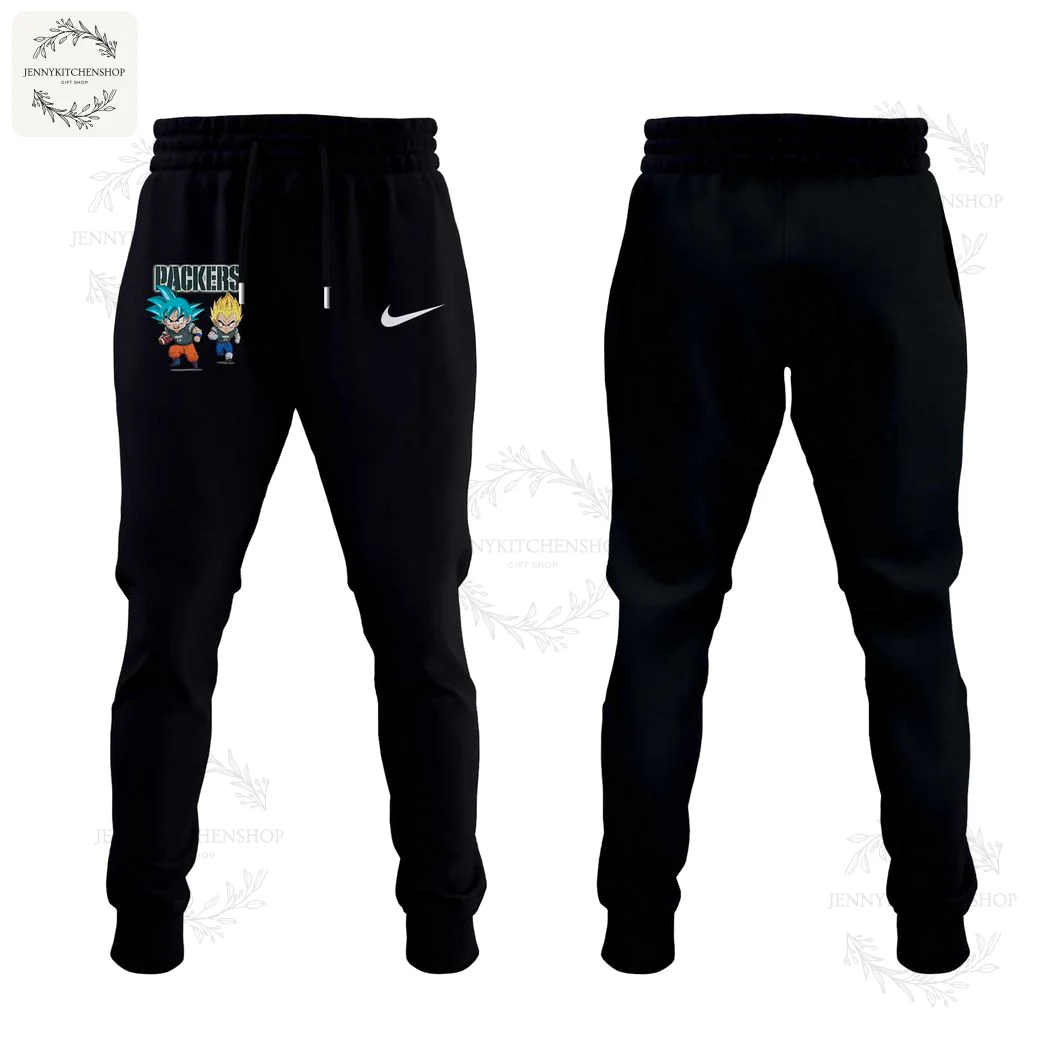 A pair of black jogger sweatpants with the Green Bay Packers logo, Goku, and Vegeta on the thigh, part of the Dragon Ball collection.