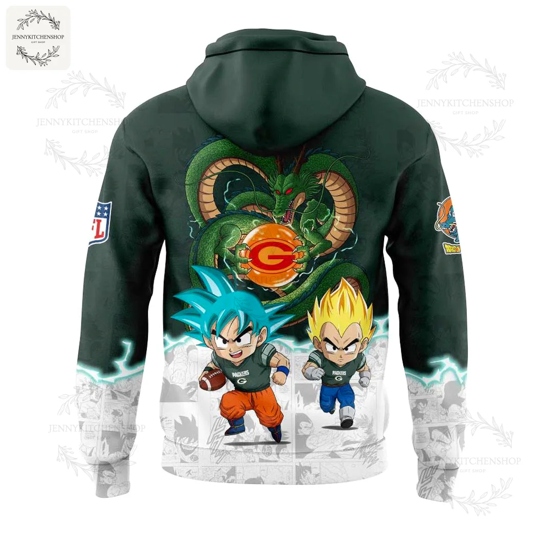 The back of the Packers x Dragon Ball hoodie featuring Super Saiyan Goku and Vegeta in Packers jerseys below the dragon Shenron.