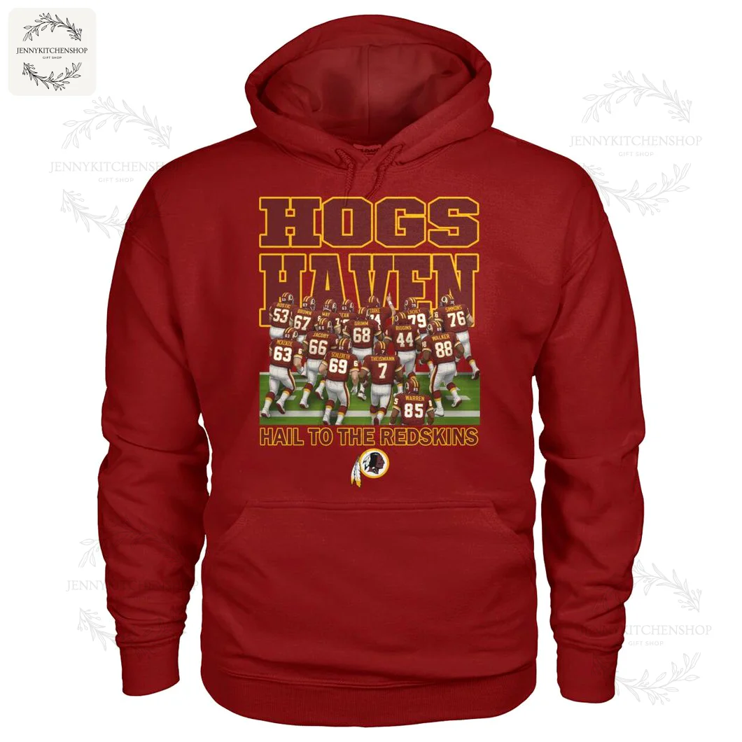 Red hoodie displaying team players and game-themed graphics with "Hogs Haven" branding