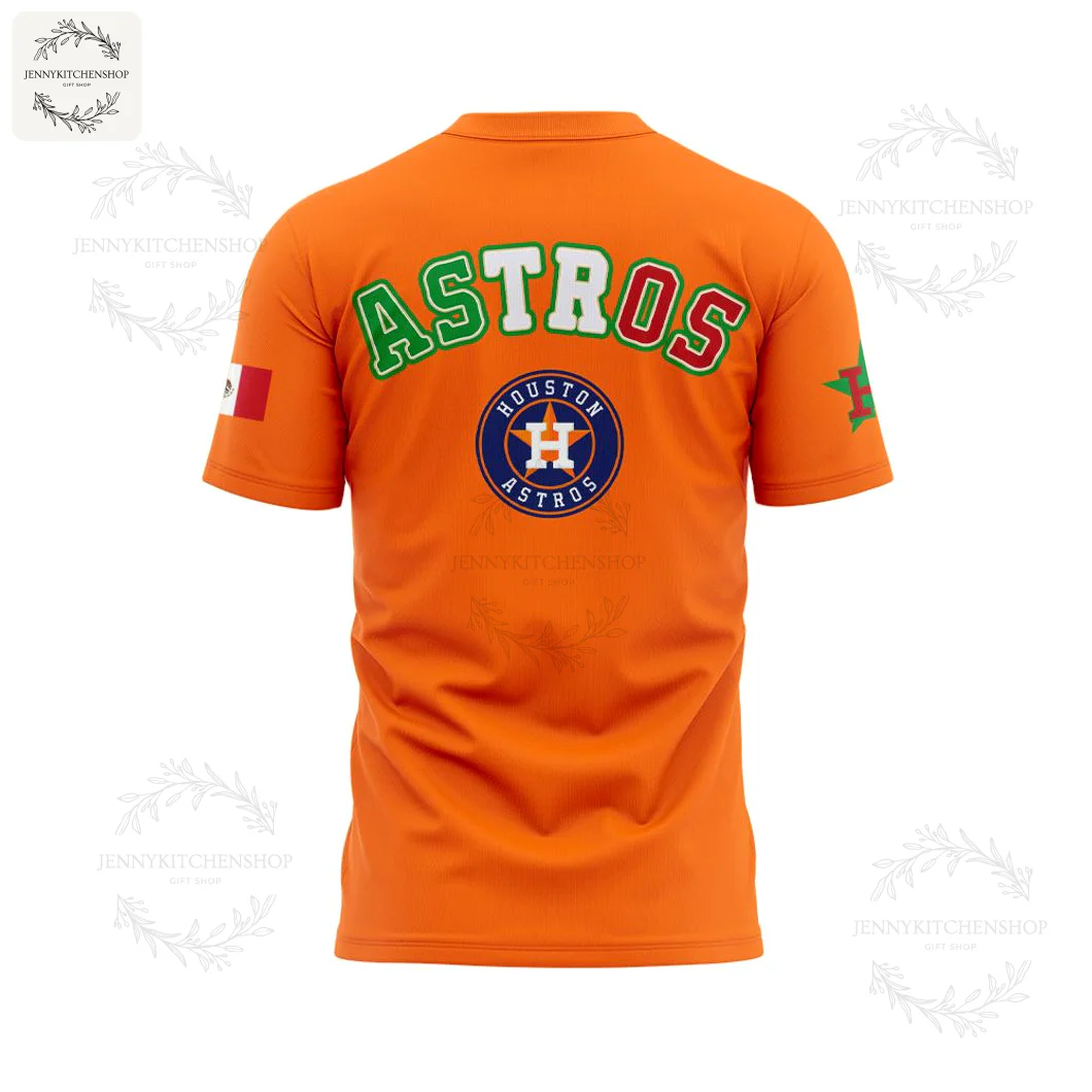 Back view of the orange Houston Astros Hispanic Heritage shirt showing the "ASTROS" text and the official circular team logo.