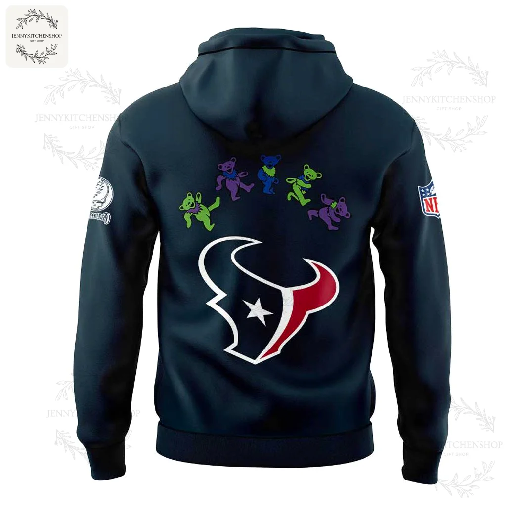 Back of the navy blue Texans Grateful Dead hoodie, showing the team logo and colorful Grateful Dead dancing bears.