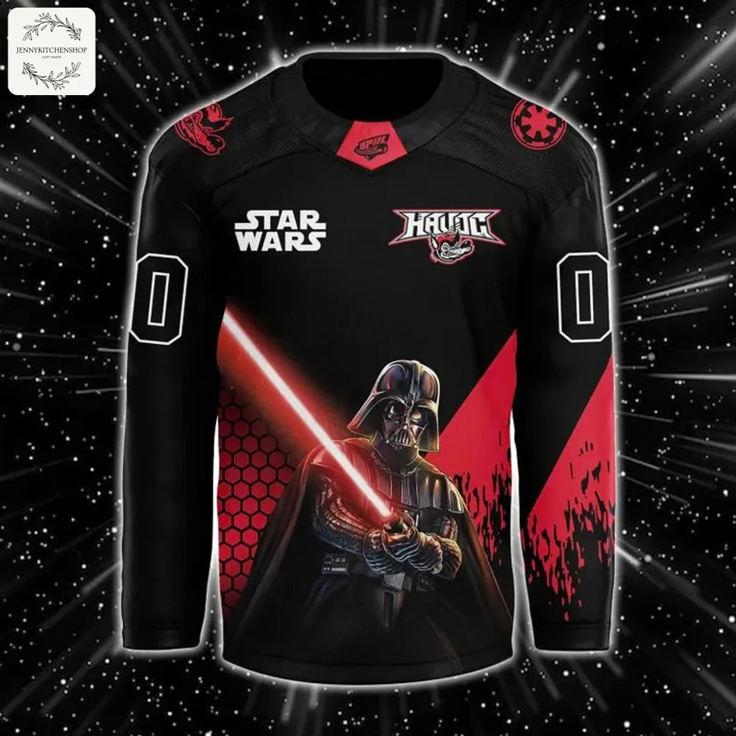 Front view of the black and red Huntsville Havoc hockey jersey featuring a large graphic of Darth Vader with his lightsaber.