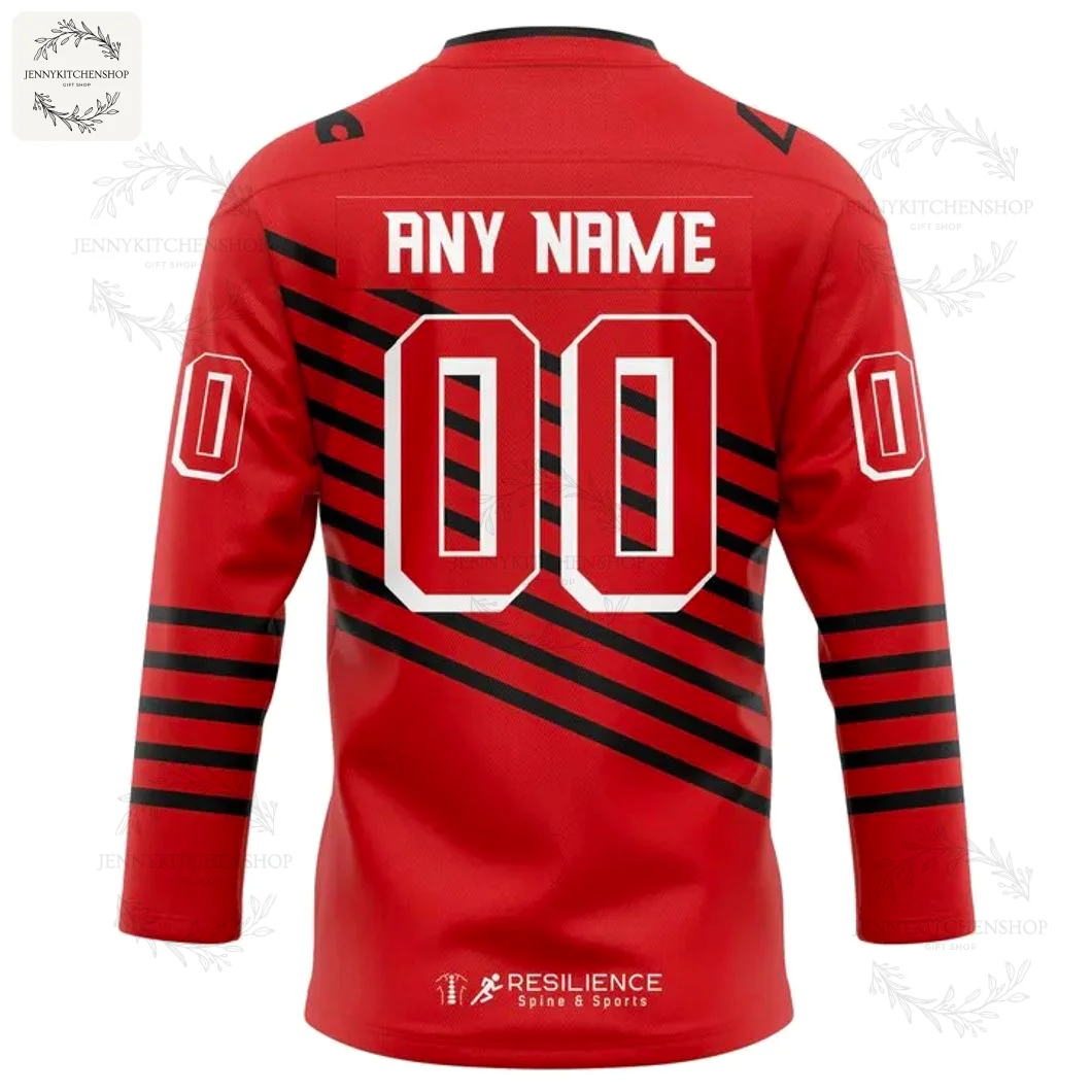 Back of the red Huntsville Havoc retro hockey jersey, showing the customization area for 'ANY NAME' and number '00' above the waist.