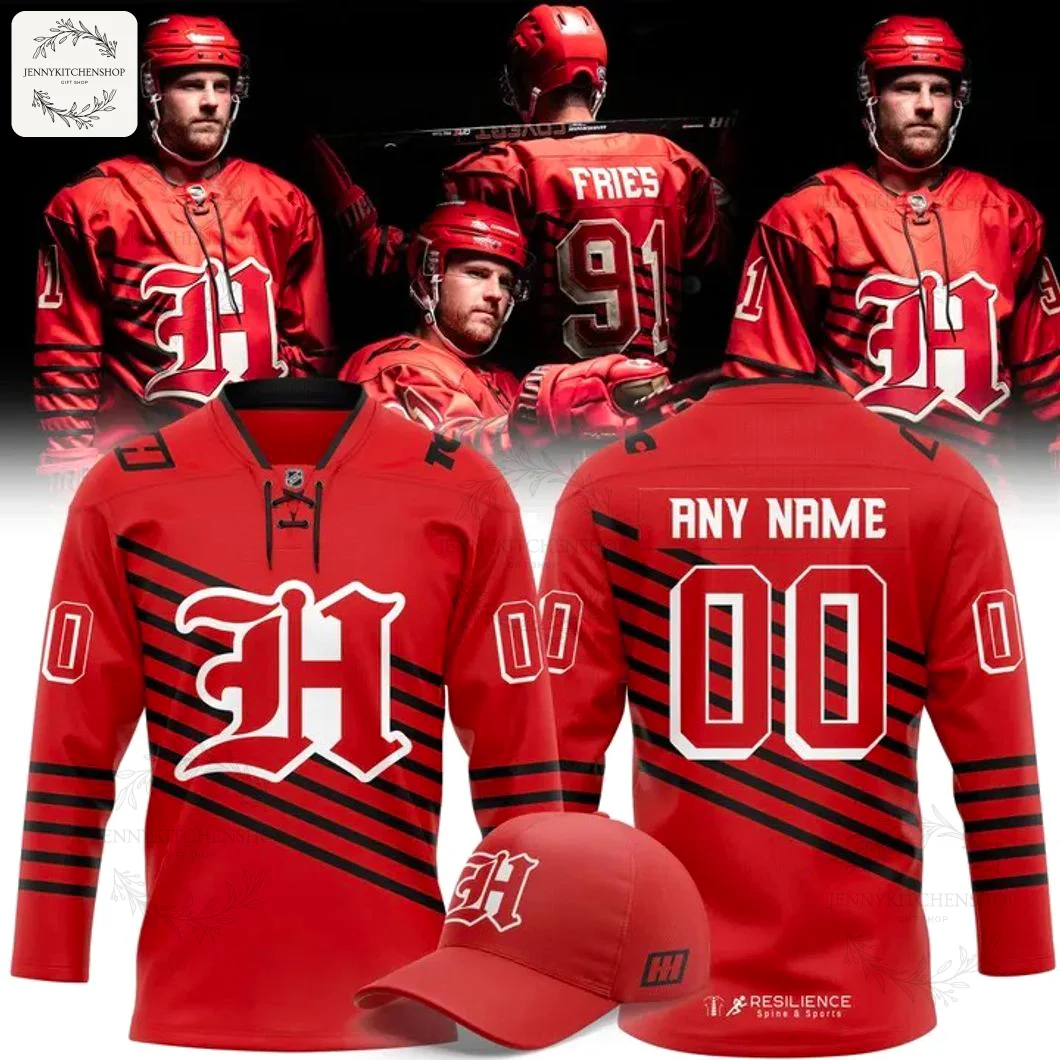 Promotional image of the Huntsville Havoc retro custom jersey from the front, back, on a player, and with a matching red cap.