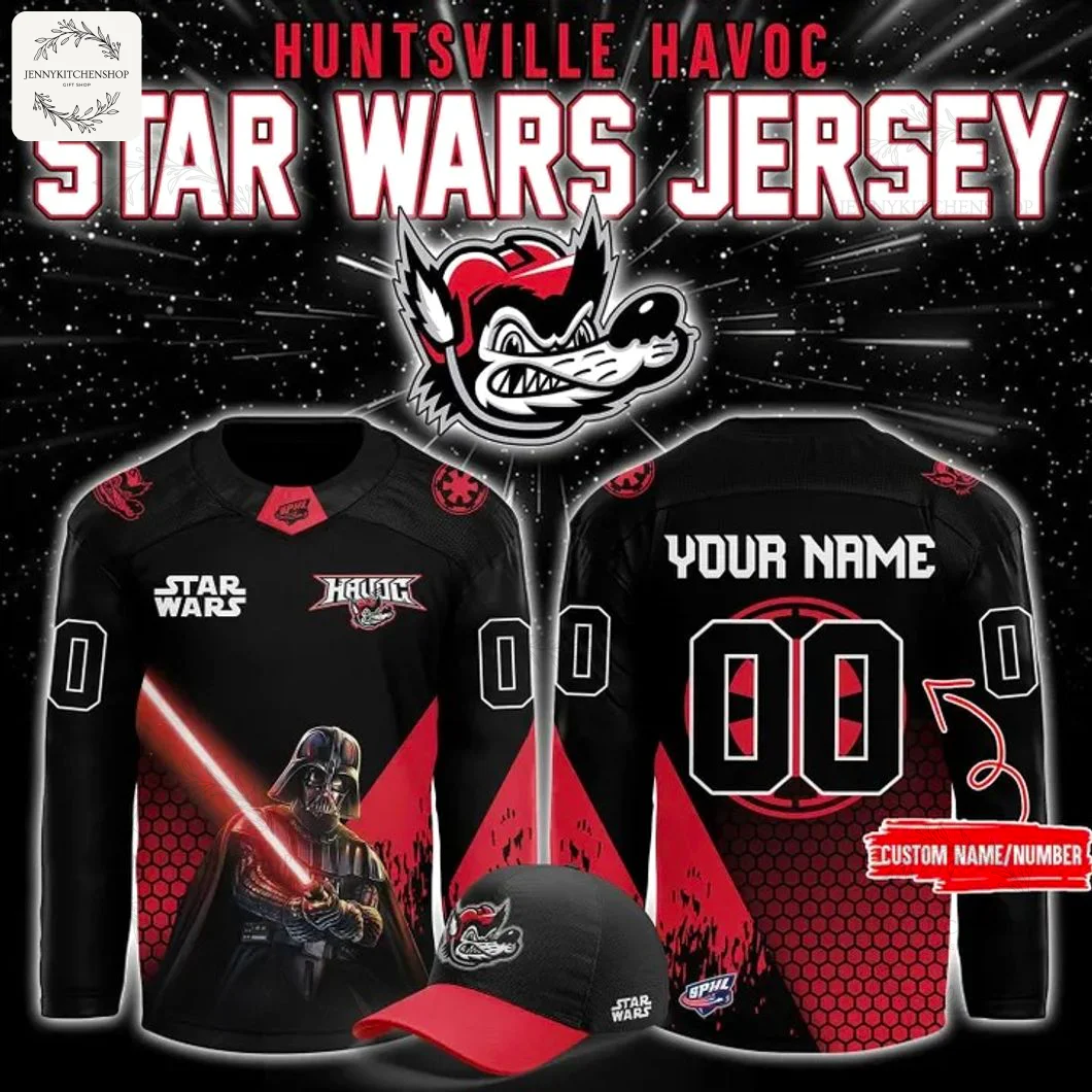 Front and back of the Huntsville Havoc Star Wars hockey jersey with Darth Vader graphic and a matching cap. Customization available.