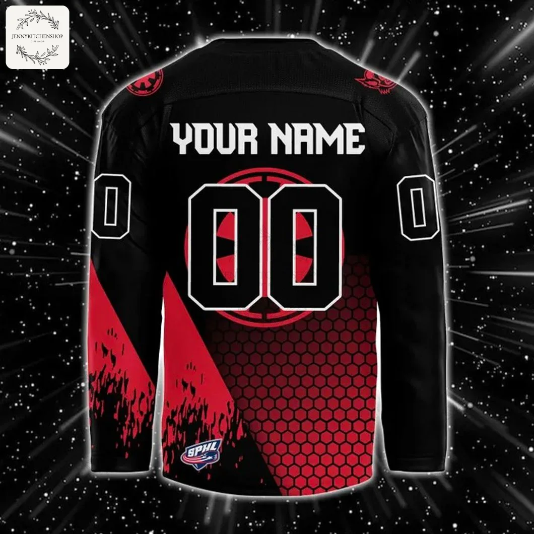 Back view of the Huntsville Havoc Star Wars jersey showing the placement for a custom name and number over a red hex pattern.