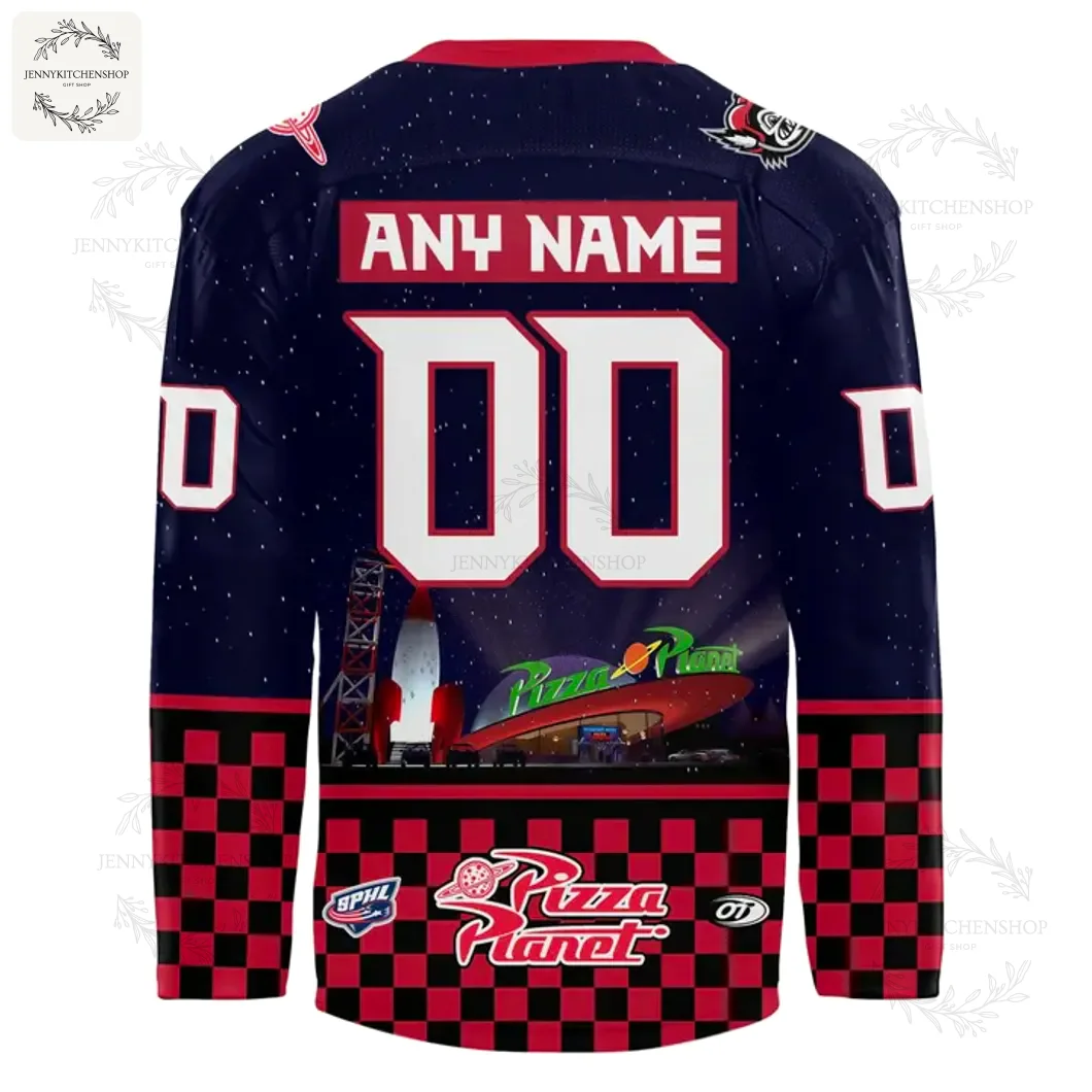 Back of the Huntsville Havoc hockey jersey featuring a Pizza Planet graphic and customizable name and number.